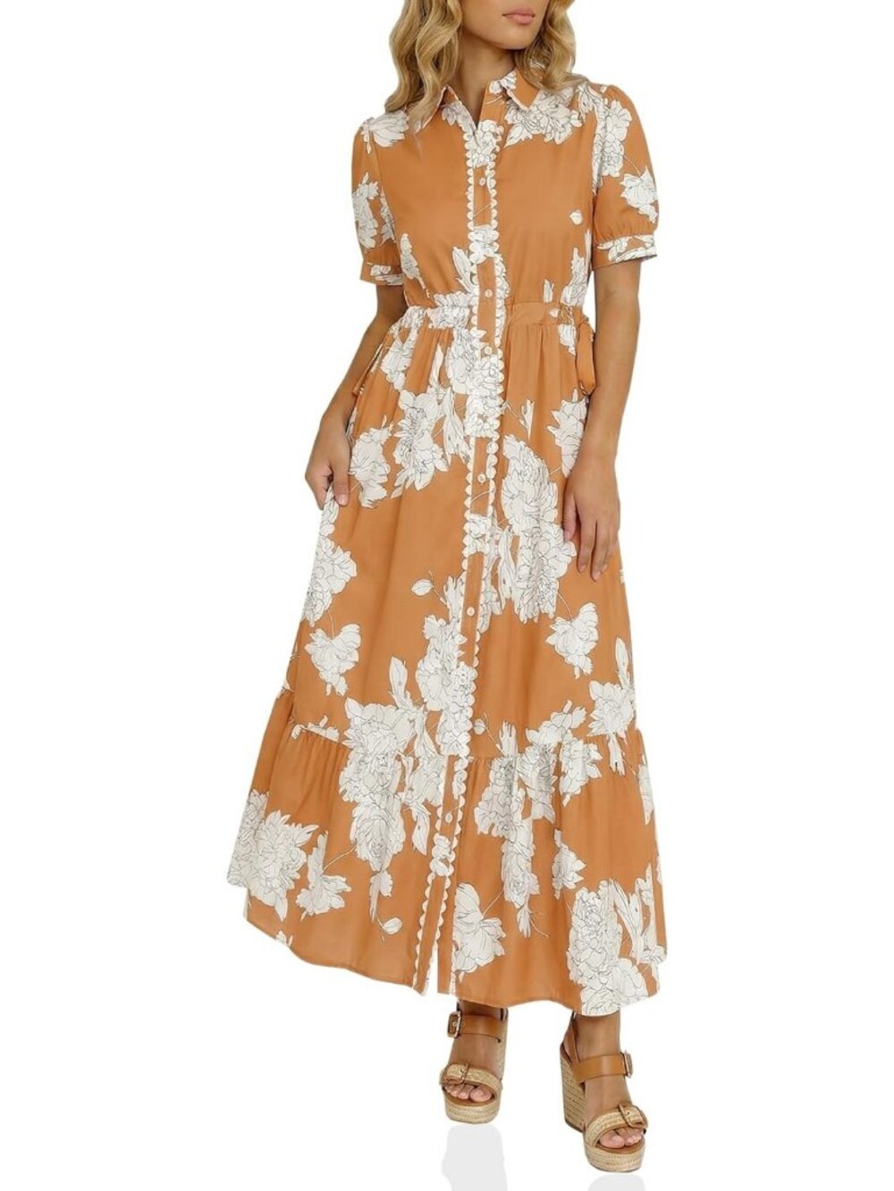 Women's Shirt Dress Floral Collared Khaki Short Sleeve Button Down Maxi Dress